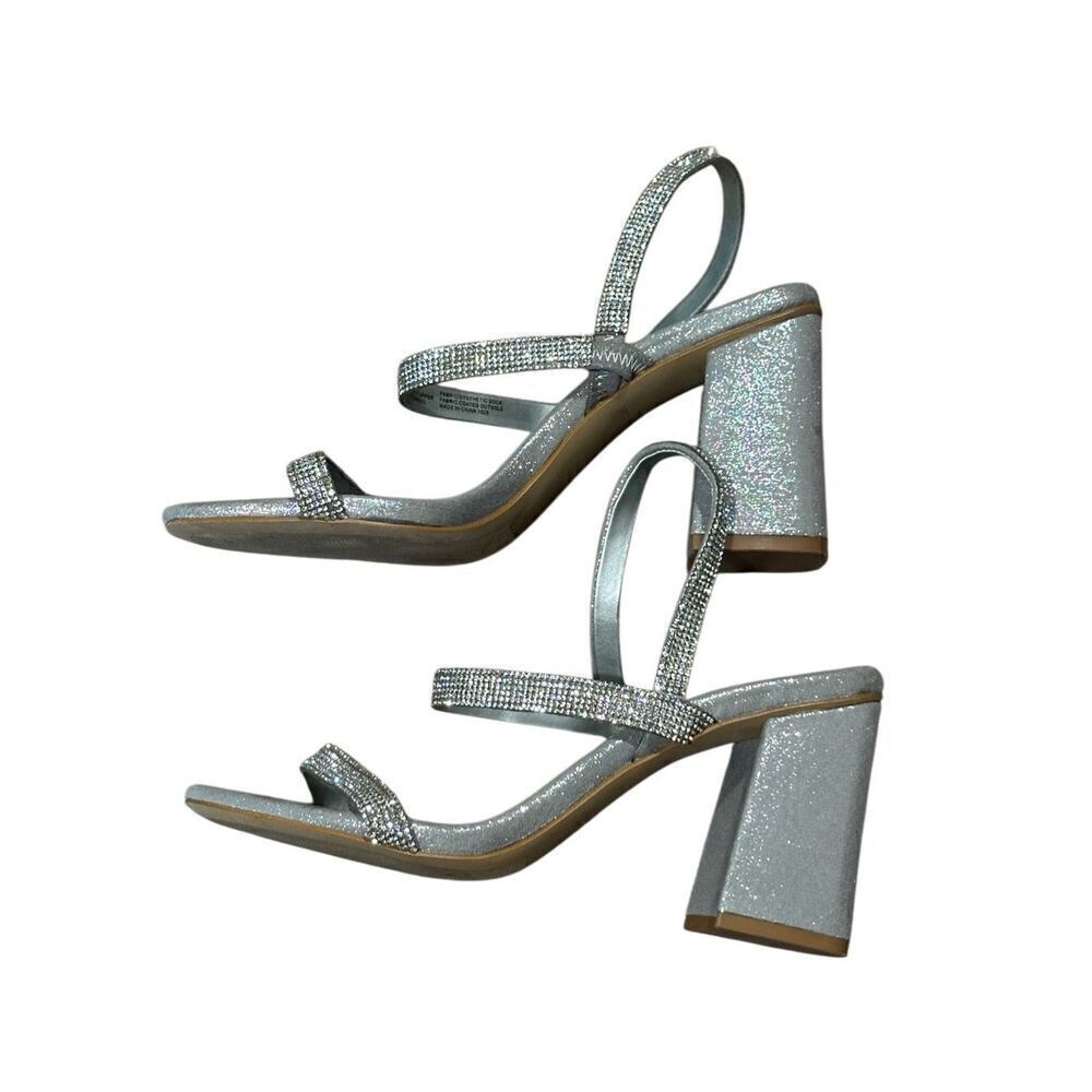 Chelsea & Violet silver rhinestone block heels strappy sandals 9